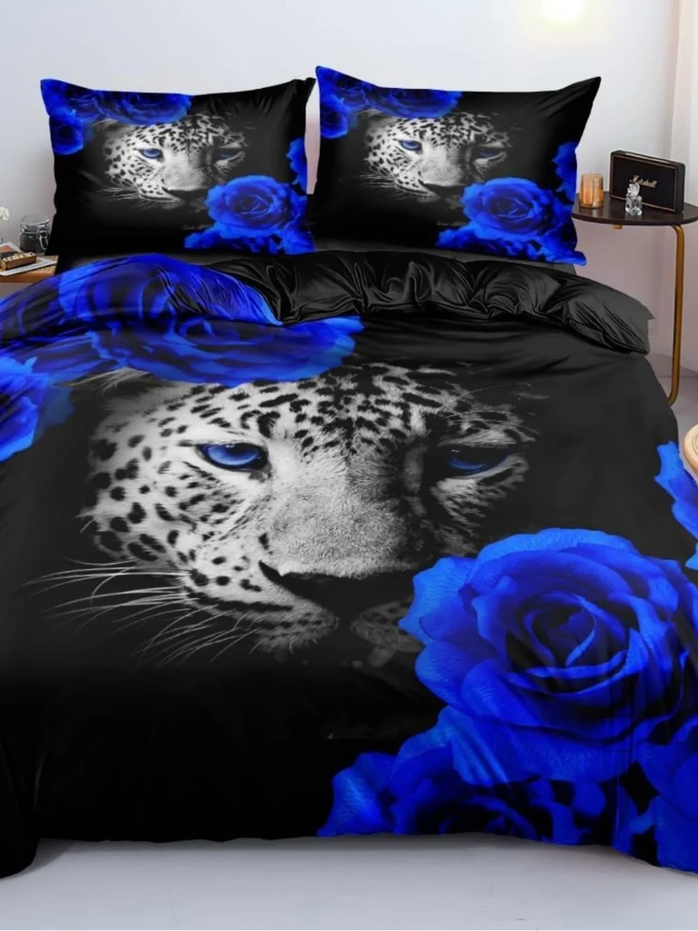 Black & Blue Leopard Rose  Duvet Cover - Dramatic Floral Animal Print: Queen sz